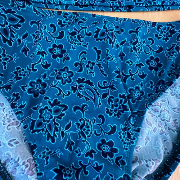 Land's End Racerback Tankini Bikini Blue Floral Swimsuit Bathing Suit Sz 12 - Picture 3 of 4